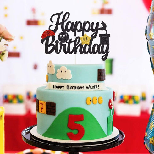 Black Glitter Mario Cake Topper - Happy Birthday Cake Decoration for Video Game Themed Kids Party