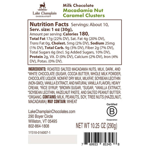 6 10.25 Lake Champlain Milk Chocolate Macadamia Nut Caramel Clusters, Pieces, Ounces