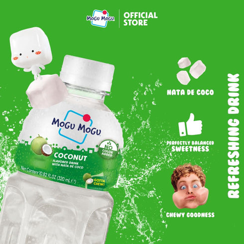 10.8oz (Pack 6) Mogu Mogu Coconut Juice Drink with Nata de Coco Refreshing Coconut Beverage with Chewy Jelly, Bottles