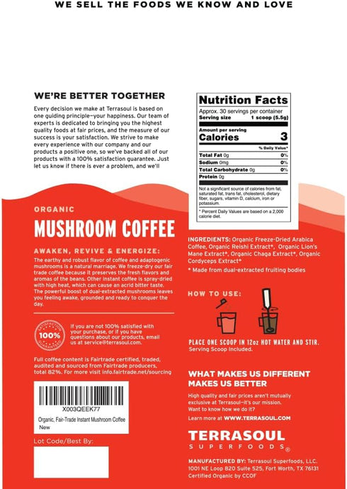30 4.75oz Terrasoul Superfoods Organic Instant Mushroom Coffee, Servings, - Fair-Trade | Freeze-Dried | Medium Roast |