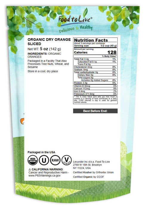 5 Food to Live Organic Dry Orange Slices, Ounces Natural Dehydrated Citrus for Cocktails, Baking, Tea, Holiday