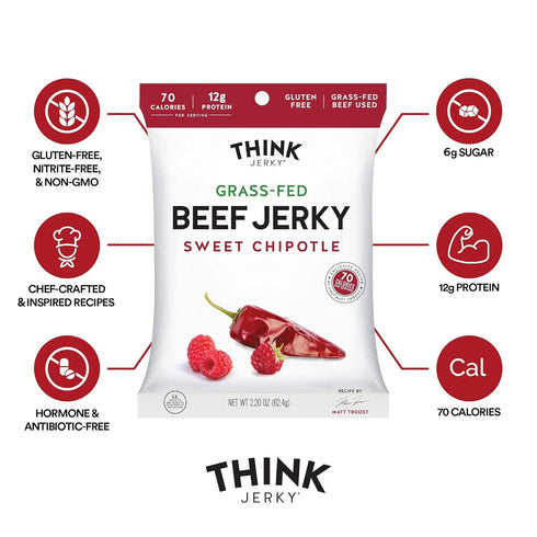 2.2 oz 4 Pack, 1 Think Jerky Beef and Turkey Jerky Variety, Original, Sweet Chipotle, Sriracha Honey, Sesame Teriyaki