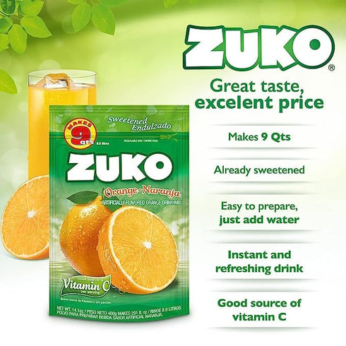 Pack, 14.1 OZ (Pack 6) ZUKO Orange Instant Powder Drink, Family No Sugar Needed, Vitamin C