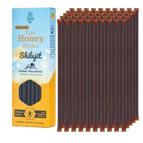 Siberian Wild 50-pack Meadow Flowers Honey Sticks with Shilajit 8% Raw Siberia Meadow Flower