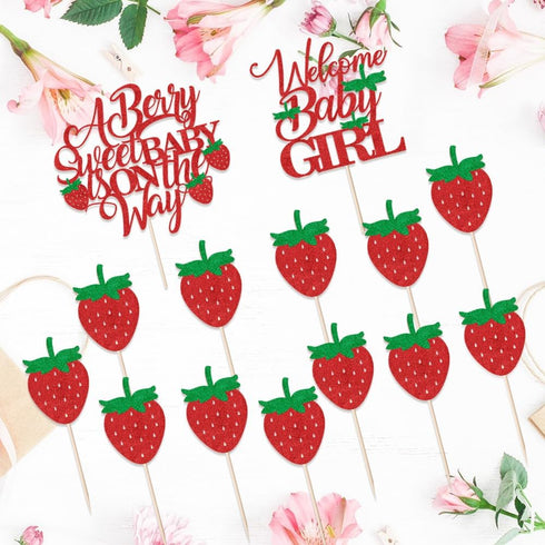 Red Glitter Berry Sweet Baby is on the Way Cake Topper - Strawberry Fruit Theme for Baby Shower & Gender Reveal