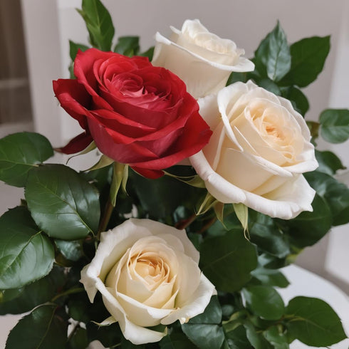 6 KaBloom - Red and white Roses with Vase - Fresh Flowers for Birthday, Valentine's & Mother's Day