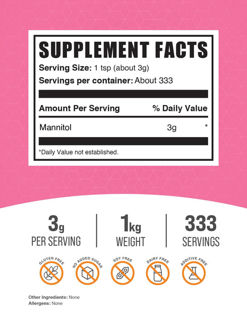 3g 1kg (2.2 lbs) (Pack 1) BulkSupplements.com Mannitol Powder - Mannitol Sweetener, Sugar Substitute, Mannitol