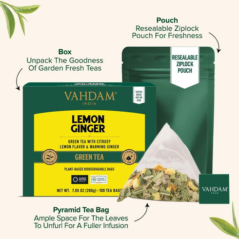 (100 VAHDAM, Lemon Ginger Tea Bags Green Tea Bags) Low Caffeine | Fruity Flavor - Zesty Lemon & Ginger, Orange Peel |