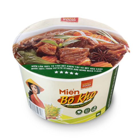 9 55g SIMPLY FOOD Instant Vietnamese Beef Stew Glass Noodles (Min B Kho T) - BOWLS/ each Delicious, Clear Glass
