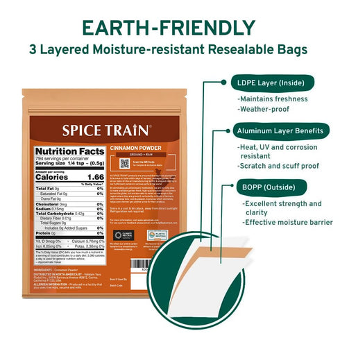 SPICE TRAIN Cinnamon Powder, 397g/14oz, Non-GMO, Gluten Free, Raw, Sourced from South India, Resealable Pouch