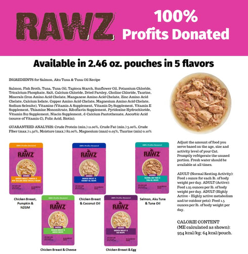 8/2.46 oz RAWZ Shredded Salmon, Aku Tuna & Tuna Oil Recipe Pouches