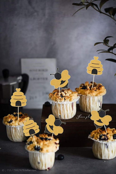 50 Pack Bee Cupcake Toppers, Glitter Bumble Bee Birthday Party Decor