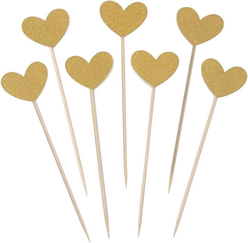 WARMBUY 50 Pack Gold Glitter Cupcake Toppers with Sticks for Baby Bridal Shower Birthday Party (Heart)