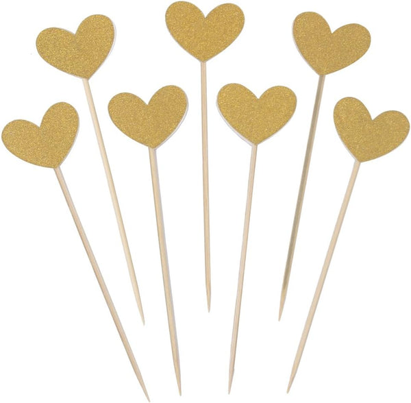 WARMBUY 50 Pack Gold Glitter Cupcake Toppers with Sticks for Baby Bridal Shower Birthday Party (Heart)