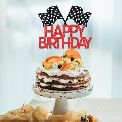 Sparkling Checkered Flag Cake Topper for Racing-Themed Birthdays