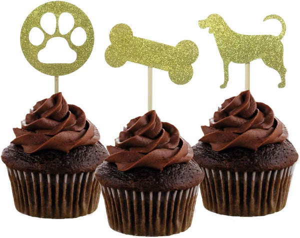 Morndew 24 PCS Gold Glitter Dog Palm and Bone Cupcake Toppers for Baby Shower, Birthday Party & Wedding Decorations