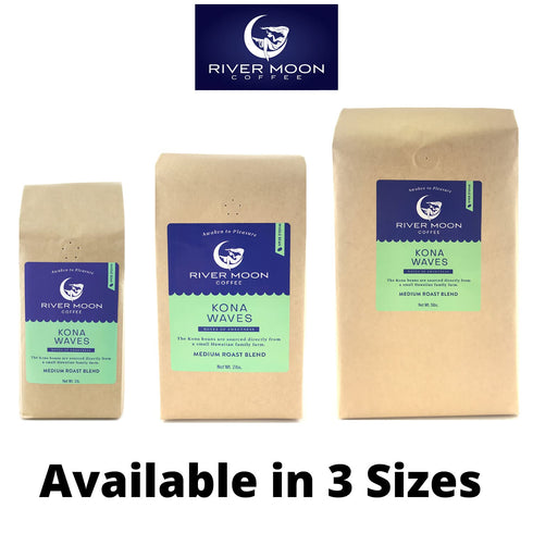 2 lbs, 100% River Moon Coffee, Kona Coffee Whole Bean, Medium Roast, Kona Waves Hawaiian Blend, Sustainably Farmed