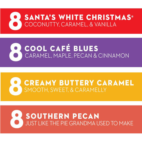 Pack, 32 Count Barnie's Coffee Pods with Santa's White Christmas, Southern Pecan, Creamy Buttery Caramel, and Cool Cafe