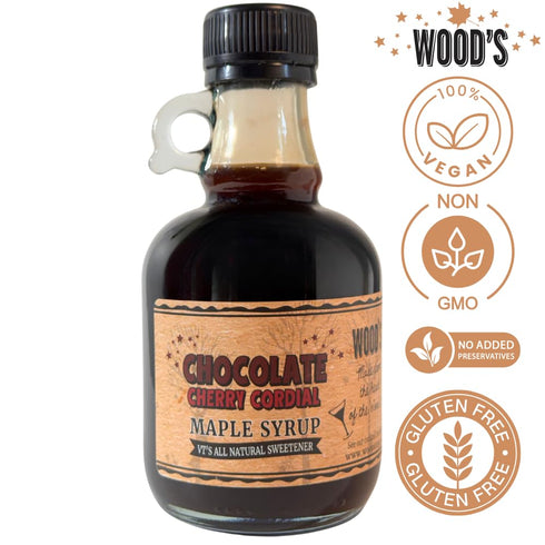 8.45 Oz WOOD'S Chocolate Cherry Cordial Infused Maple Syrup Decadent Vermont Maple Syrup with Dark Cocoa & Succulent