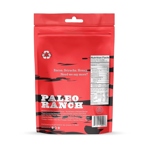 1.5-oz. (Pack 4) PALEO RANCH Uncured Bacon Jerky, Honey Sriracha, No Added Hormones, No Preservatives, Pouches