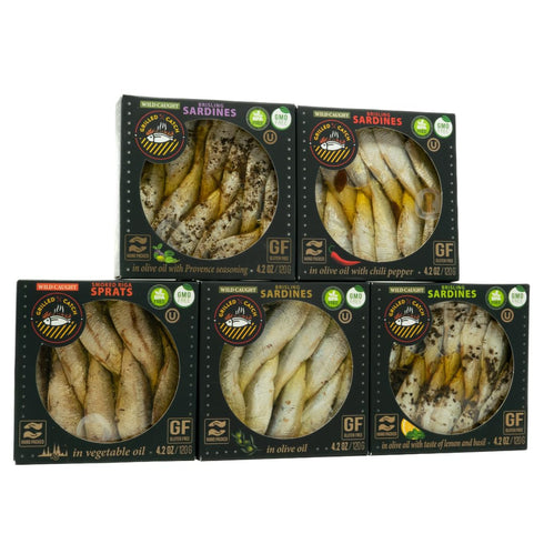 Pack 5 4.2 oz Packed Grilled Catch - Canned Sardines Variety Flavor Sampler European Wild Caught Brisling Sardines