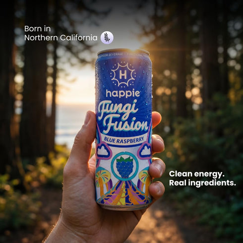 (900mg), (6 Pack) Happie Fungi Fusion Blue Raspberry Sparkling Mushroom Drink with Lion's Mane Cordyceps & Reishi