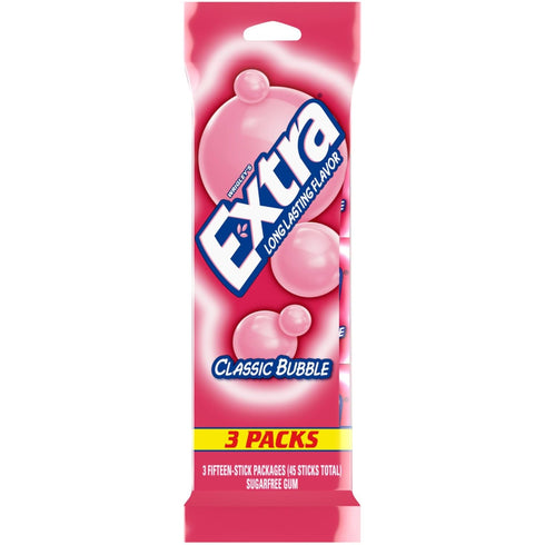 EXTRA Classic Bubble Sugar Free Chewing Gum, 15 Sticks, 3 Pack
