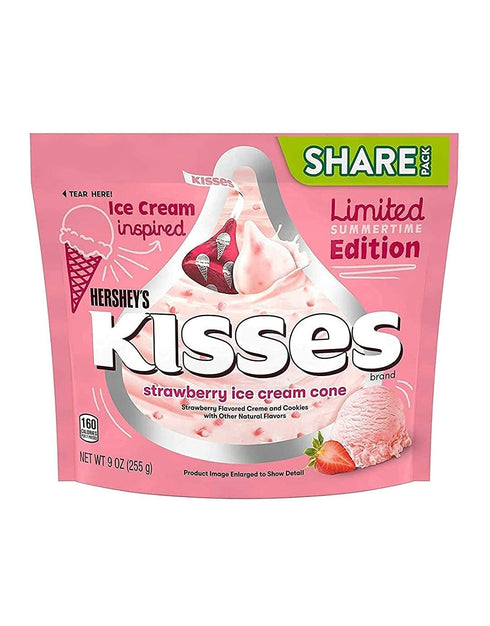 Summertime (9 Oz), Pack 3 Hershey's Kisses Strawberry Ice Cream Cone Candy Share Bag Limited Edition