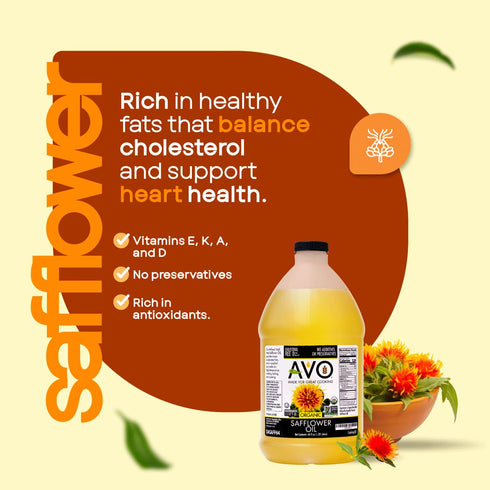 64 Fl-oz 465F AVO Organic Safflower Oil for Cooking, Frying, Baking, Salads, Vinaigrette, Marinades. General Cooking