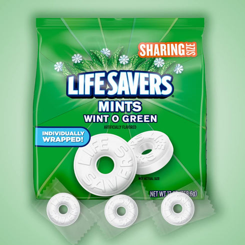 Summer 13 Oz Life Savers Wint-O-Green Candy Individually Wrapped Hard Mints, Sharing Size, Bag