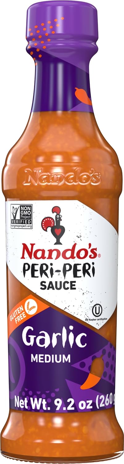 9.1 oz (4 Pack) Nando's PERi PERi Garlic Sauce - Medium Heat Tangy Flavor | Gluten Free Hot Sauce, Bottles