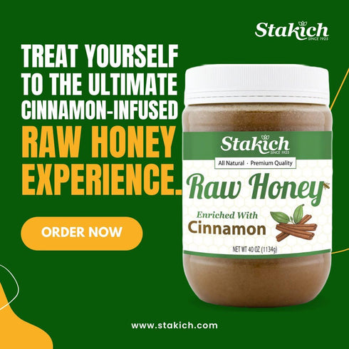 40 Stakich Cinnamon Enriched Raw Honey - Pure, Unprocessed, Unheated - Ounce