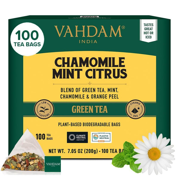 VAHDAM, Chamomile Mint Citrus Green Tea Bags (100 Count) Low Caffeine, Non