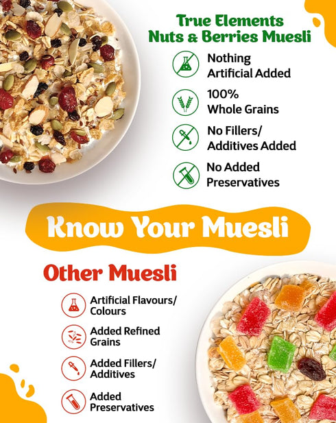 1kg True Elements Breakfast Cereal Muesli, - Nuts and Berries, High Fiber