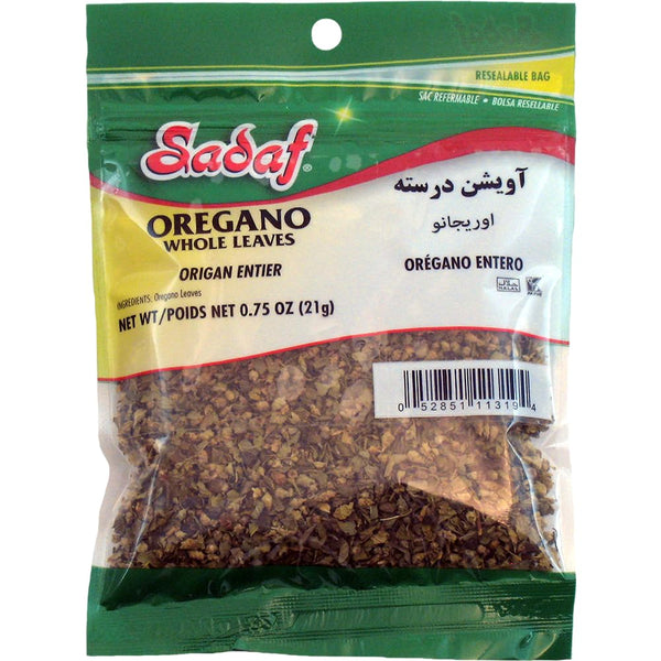 Sadaf Oregano Leaves - Whole Oregano Leaves for Cooking & Food Seasoning - Mediterranean Cuisine - Kosher and Vegetarian - 0.75 oz Resealable Bag