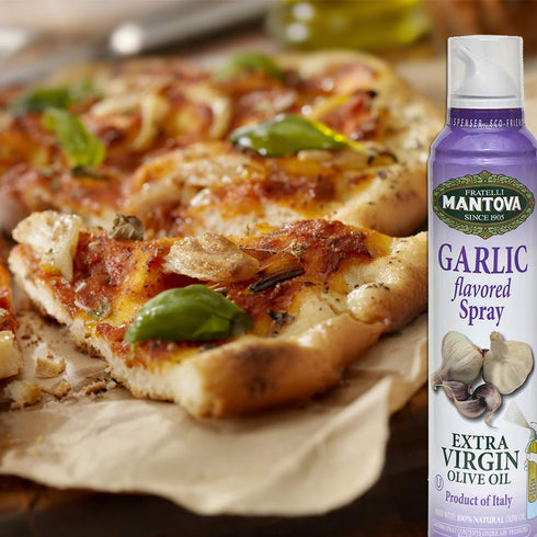 Mantova Extra Virgin Olive Oil Spray, Garlic Flavored 8 oz. Spray Bottle for Salads and Cooking