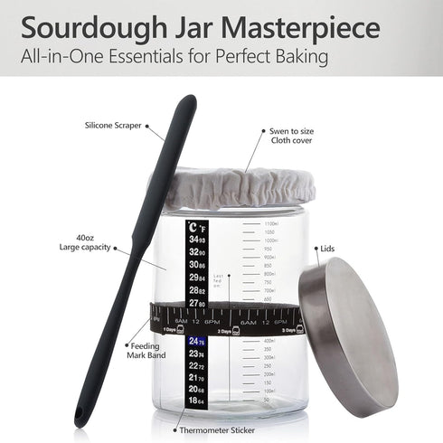 Ecoxiuo -40oz (1-pack) Sourdough Starter Kit Thick Glass Sourdough Starter Jar Sour Dough Container for Bread Baking