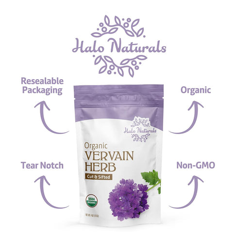 Halo Naturals 4 Packaged (Pack 1) Organic Vervain Herb Cut & Sifted, Ounces (Verbena officinalis) USDA Certified |
