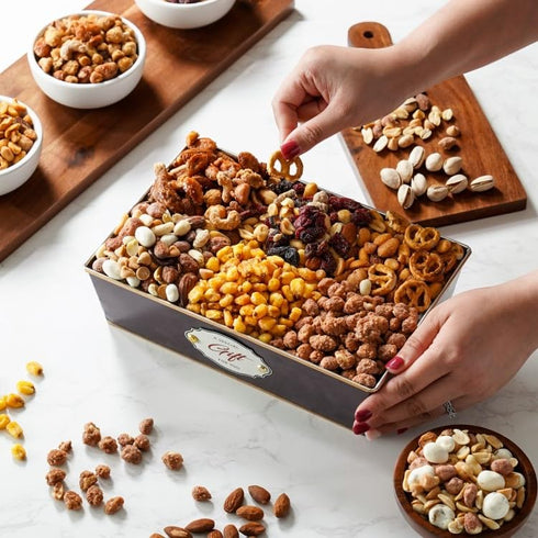6 Broadway Basketeers Thank You Nuts Gift Basket - Assorted Gourmet Variety Nuts, Trail Mixes, Sweets Snack Food Box