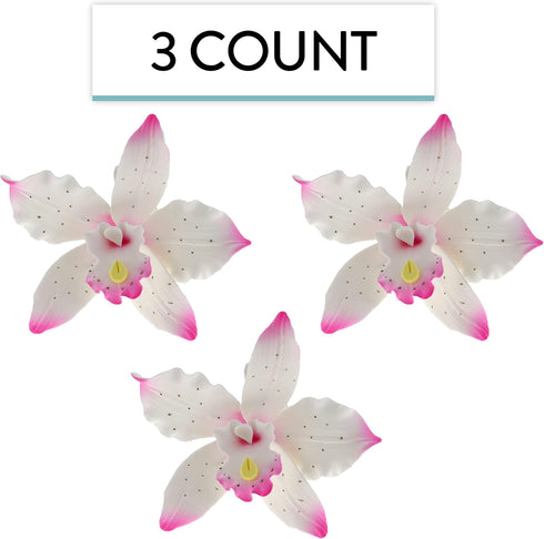 3 Count Global Sugar Art Brassavolaelio Orchid Sugar Cake Flowers, White with Pink, by Chef Alan Tetreault