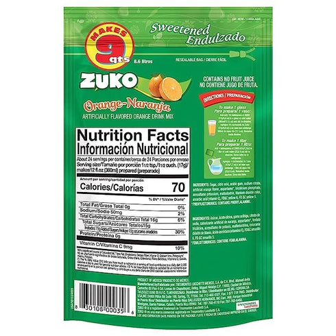Pack, 14.1 OZ (Pack 6) ZUKO Orange Instant Powder Drink, Family No Sugar Needed, Vitamin C