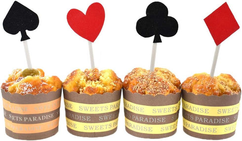Glitter Poker Heart Cupcake Toppers - 20pcs Casino Party Decor for Muffins, Cakes, and Fruit
