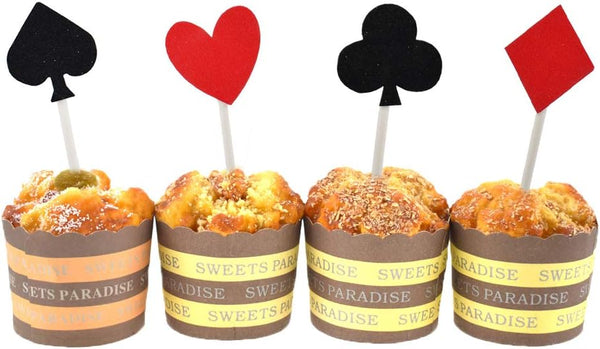Glitter Poker Heart Cupcake Toppers - 20pcs Casino Party Decor for Muffins, Cakes, and Fruit