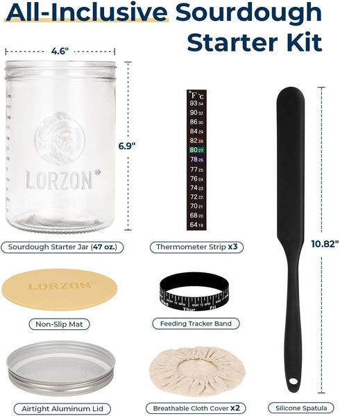 47 oz Lorzon Sourdough Starter Jar Kit - Large Wide Mouth Bread Starter Jar with Feeding Tracking Band, Silicone