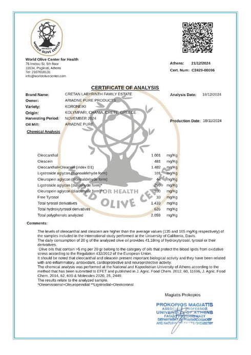 CRETAN LABYRINTH 1000 2025 Family Estate High Phenolic (Lab Report Over mg/kg) Antioxidant Polyphenol Rich Harvest