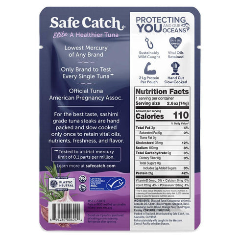 2.6oz, Pack 12 Safe Catch Elite Lowest Mercury Wild-Caught Tuna Fish Pouch, Garlic Herb Flavor, Gluten-Free, Paleo