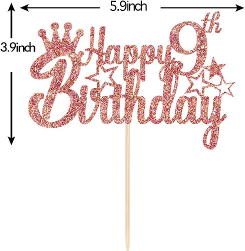 Rose Gold Glitter Happy 9th Birthday Cake Topper - Kids 9th Birthday Anniversary Party Decoration Supplies
