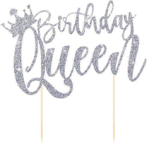 Handmade Glitter Queen Birthday Cake Topper, Happy Birthday Bunting Decor, Party Decoration Supplies (Silver)