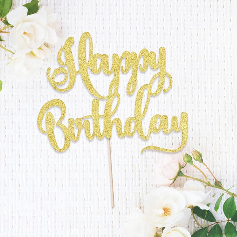Happy Birthday Cake Topper, Birthday Party Decoration Supplies, Photo Booth Props (Gold)