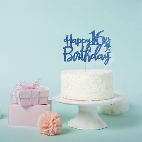 Royal Blue Glitter Happy 16th Birthday Cake Topper, Cheers to 16 Years Party Supplies, 16th Birthday Decorations